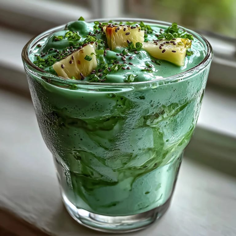 Batido refrescante de espinacas y piña con toque de plátano, ideal para un snack saludable y nutritivo.  