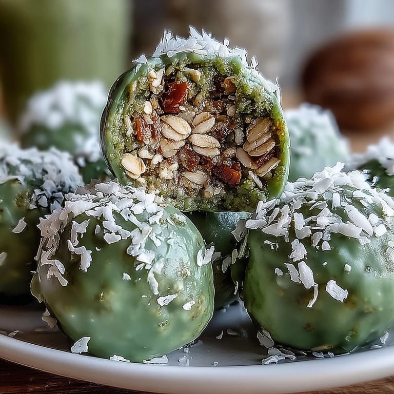 2. Wholesome no-bake energy balls featuring matcha, coconut, and oats, perfect for a quick, healthy pick-me-up.  