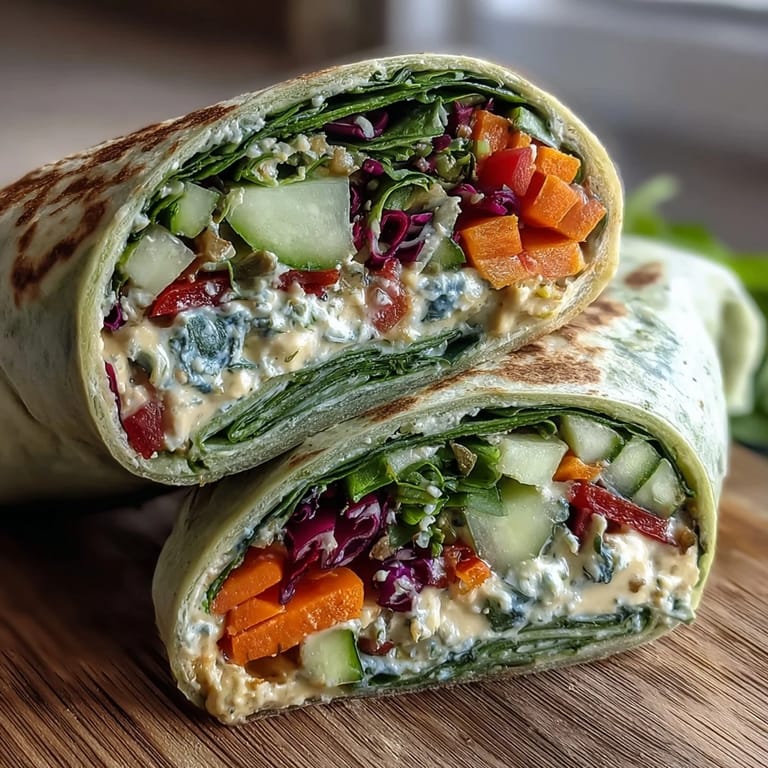 Wraps vibrantes rellenos de hummus cremoso y vegetales crujientes envueltos en tortillas de espinaca verde intensa.