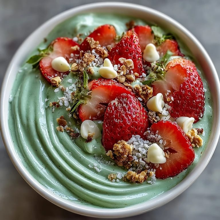 2. Vibrant layered smoothie bowl featuring matcha green tea, sweet strawberries, and toppings like chia seeds and coconut flakes.