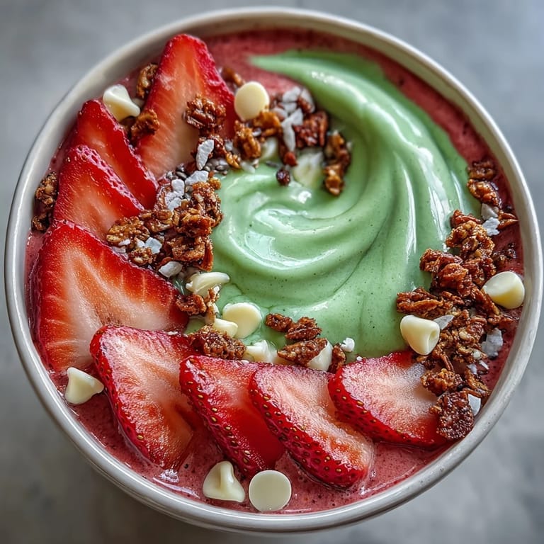 3. Earthy matcha and strawberry smoothie bowl topped with granola, fresh fruit, and a drizzle of white chocolate for café-style flair.