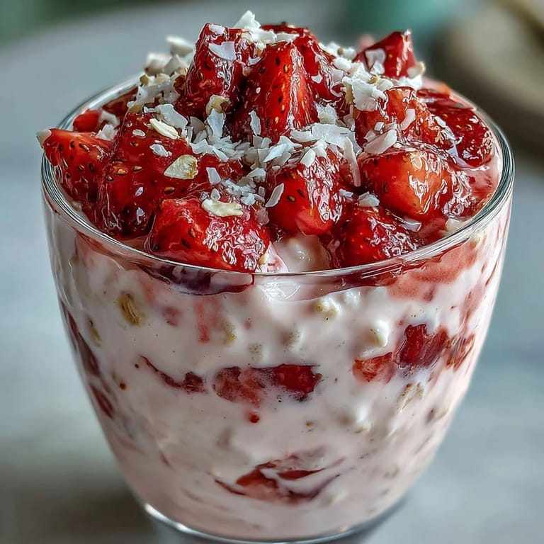 Avena remojada con fresas frescas, leche de coco y chia, lista para disfrutar en un desayuno saludable.  