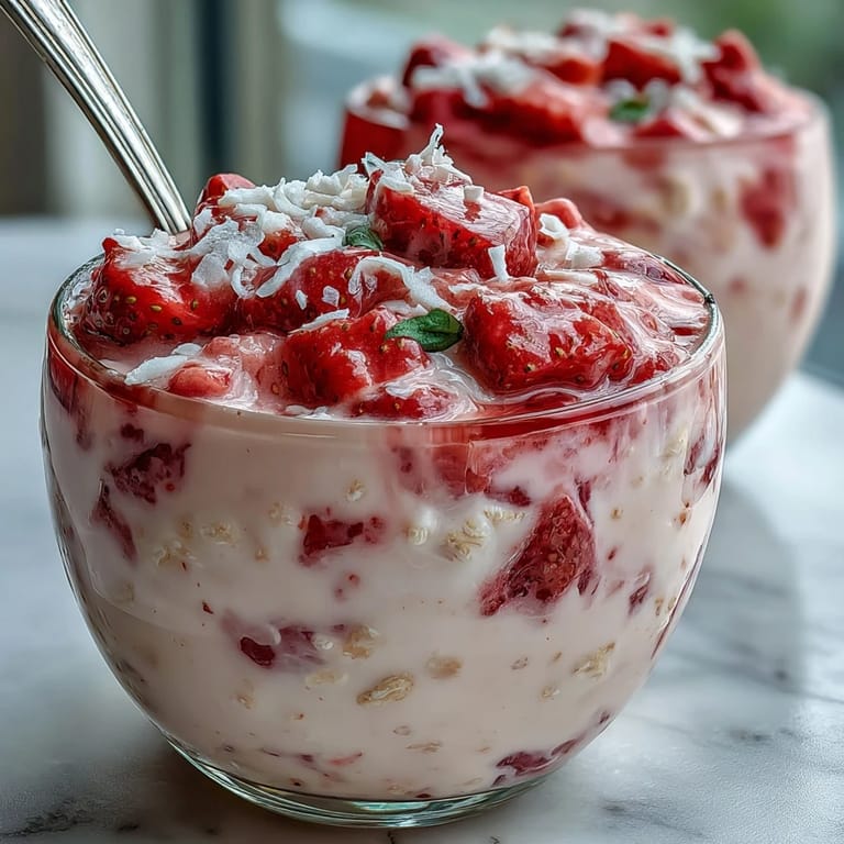 Capas de avena cremosa, fresas jugosas y coco tostado en un frasco de desayuno refrescante.