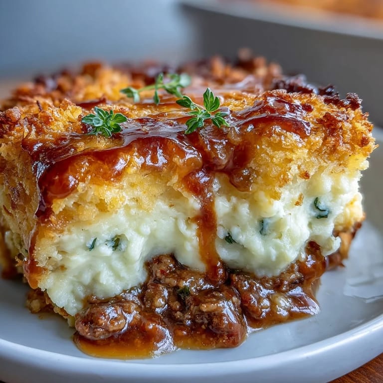 Cazuela americana de funeral potatoes con carne, vegetales y topping crujiente, lista para hornear.