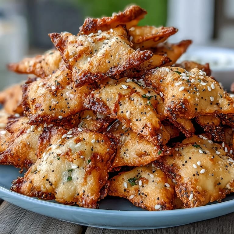 Snack de galletas crujientes con queso cheddar y condimento everything de masa madre.