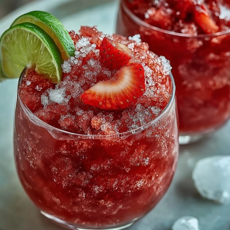 2. Vibrant red strawberry daiquiri slushies served in chilled glasses, garnished with lime wedges and ripe berry slices.  