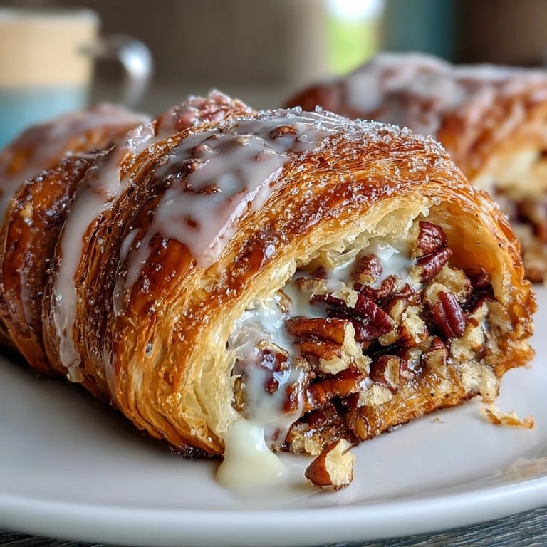 2. Flaky King Cake-inspired croissants filled with spiced pecan filling, baked until golden and decorated with colorful sanding sugars for a festive treat.  