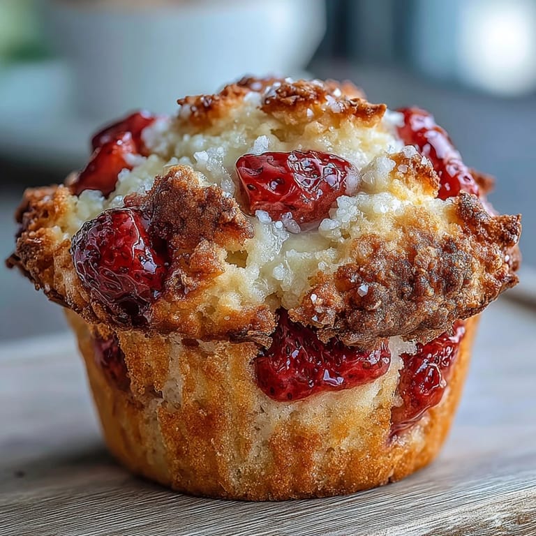 Muffins de yogur y fresa recién horneados, con una textura húmeda y un sabor irresistiblemente frutal.