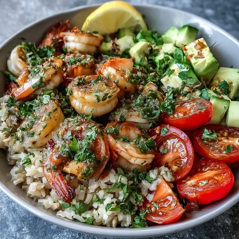 Plato principal lleno de sabor: camarones con limón y ajo sobre arroz integral, acompañados de tomates, pepino y aguacate fresco.