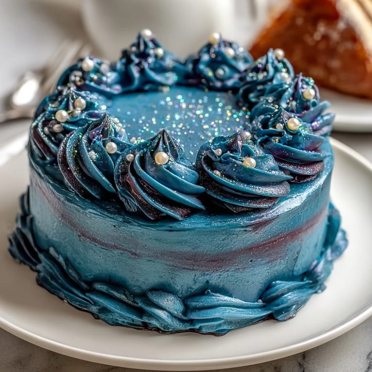 Pastel celestial de Piscis con glaseado de mantequilla de colores, brillantina comestible y decoraciones de estrellas plateadas.