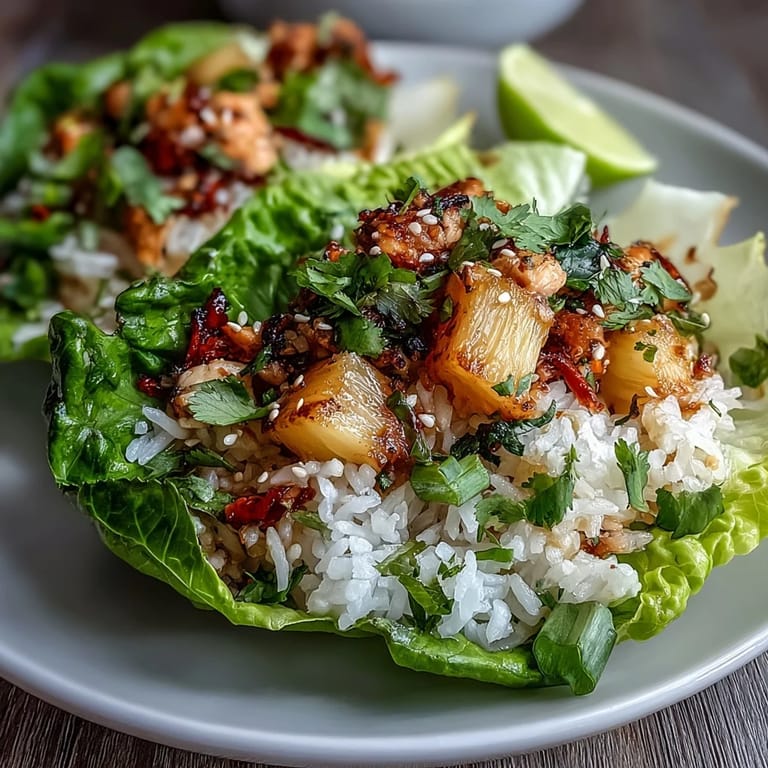 Deliciosos envoltorios de lechuga con pollo y piña, con pollo marinado, arroz esponjoso y piña fresca, servidos en hojas de lechuga crujiente.  