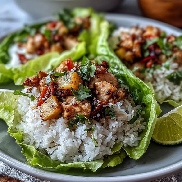Sabrosos envoltorios de lechuga con pollo y piña, rellenos de pollo tierno, arroz aromático y piña jugosa, decorados con cilantro y semillas de sésamo.