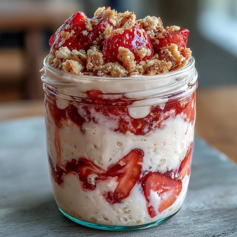 Tarro de overnight oats de cheesecake de fresa con capas de avena cremosa, fresas frescas y topping de galletas Graham trituradas.  