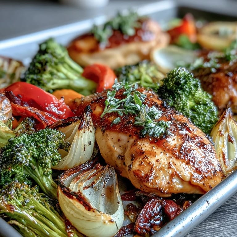 Cena rápida y nutritiva de pollo tierno con brócoli, pimientos y cebolla roja en una bandeja para hornear fácil.