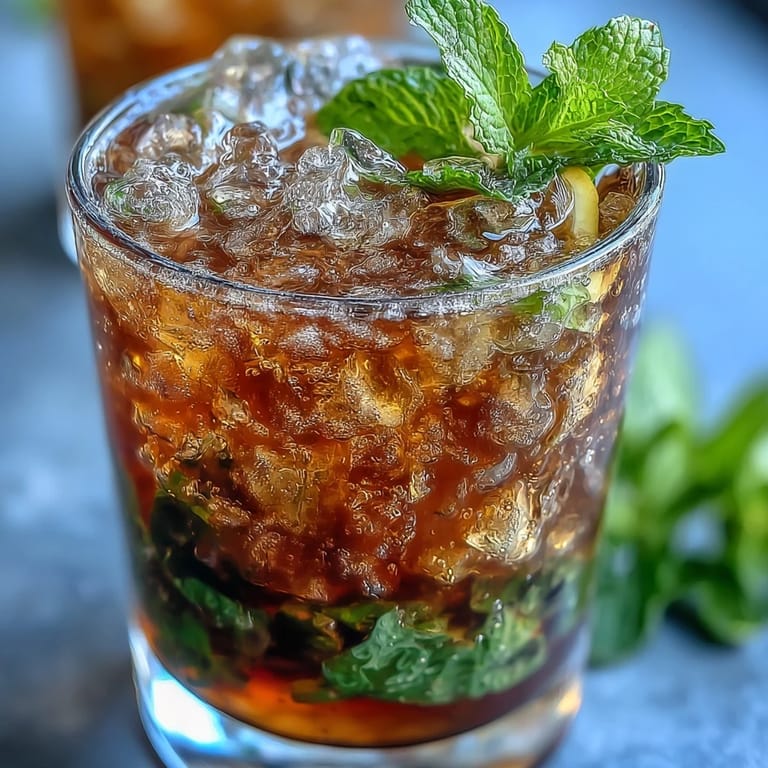 Vasos pequeños de julepe de menta sin alcohol con guarnición de limón y hojas de menta frescas.