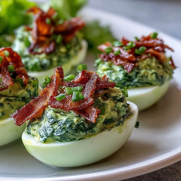 3. Whimsical green deviled eggs with ham crumbles, perfect for festive gatherings or fun brunches.