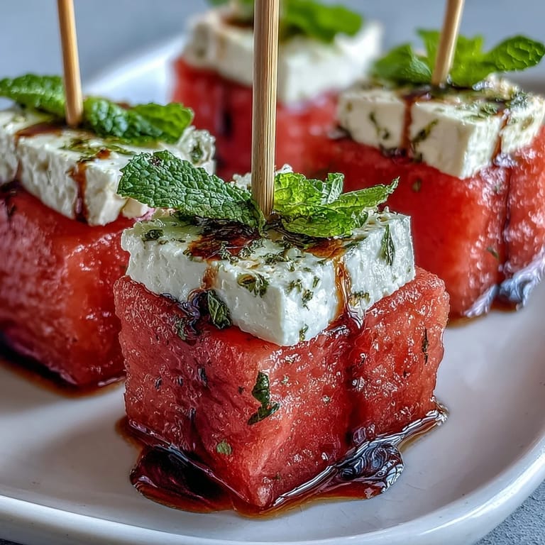 Brochetas de sandía y queso feta con menta, un snack ligero y vegetariano con sandía jugosa, queso feta y menta fresca.