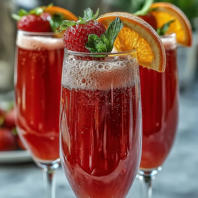 Mimosa de fresa sin alcohol para el brunch: bebida festiva y burbujeante con fresas frescas y jugo de naranja espumoso.