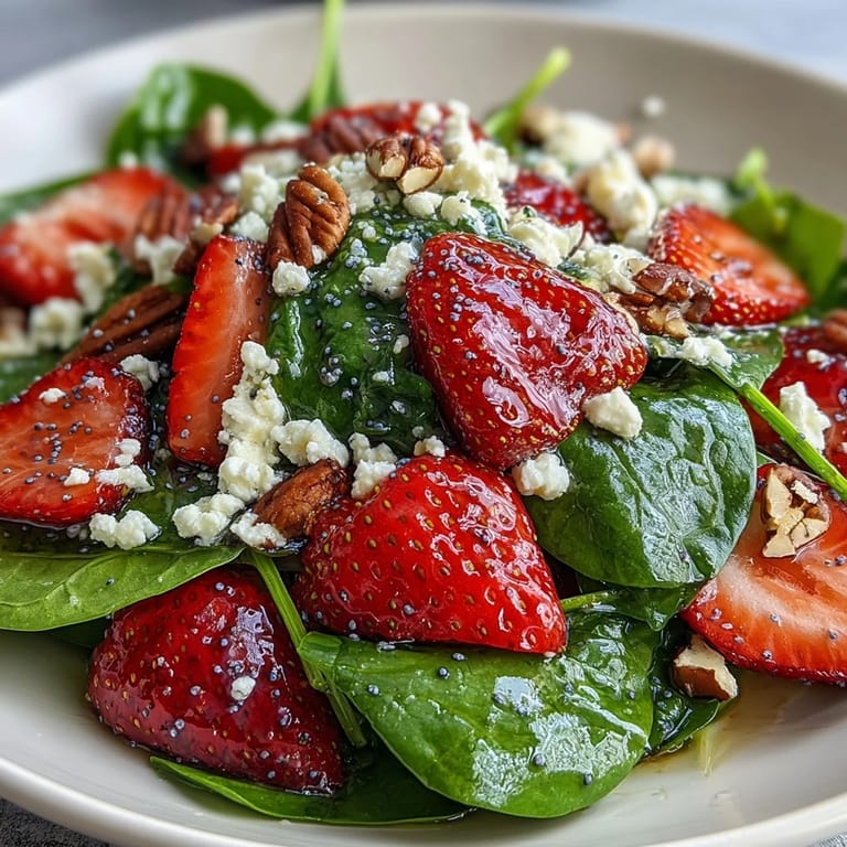 Deliciosa ensalada de espinacas baby con fresas maduras, cebolla morada y aderezo casero de semillas de amapola.  