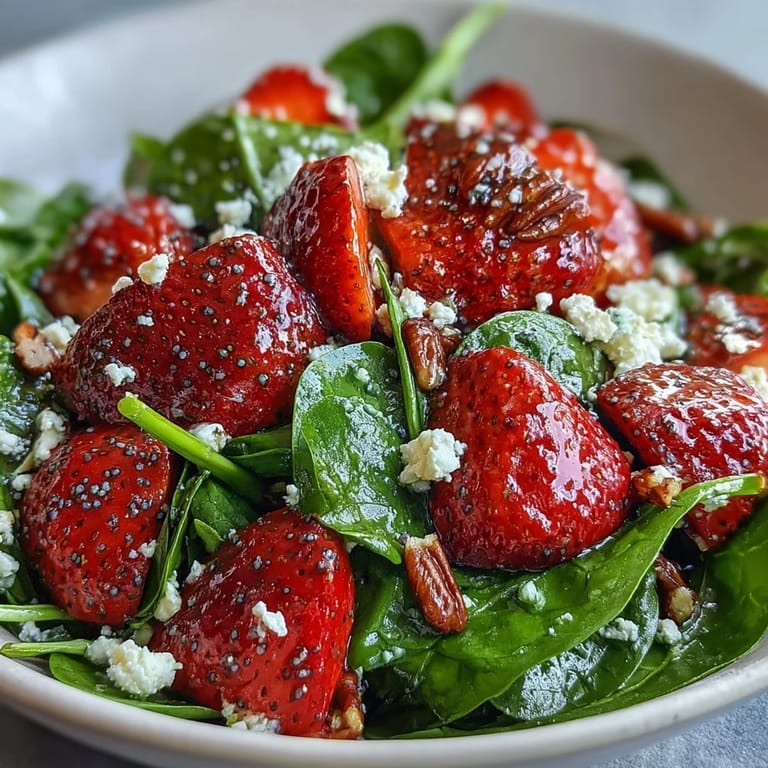 Colorida ensalada de fresas y espinacas con nueces crujientes, queso feta y aderezo dulce y ácido de semillas de amapola.