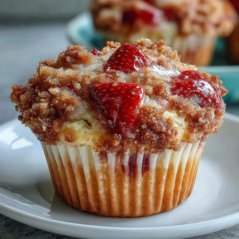 Muffins esponjosos de fresa con cobertura crujiente de mantequilla, ideales para compartir en una reunión familiar.