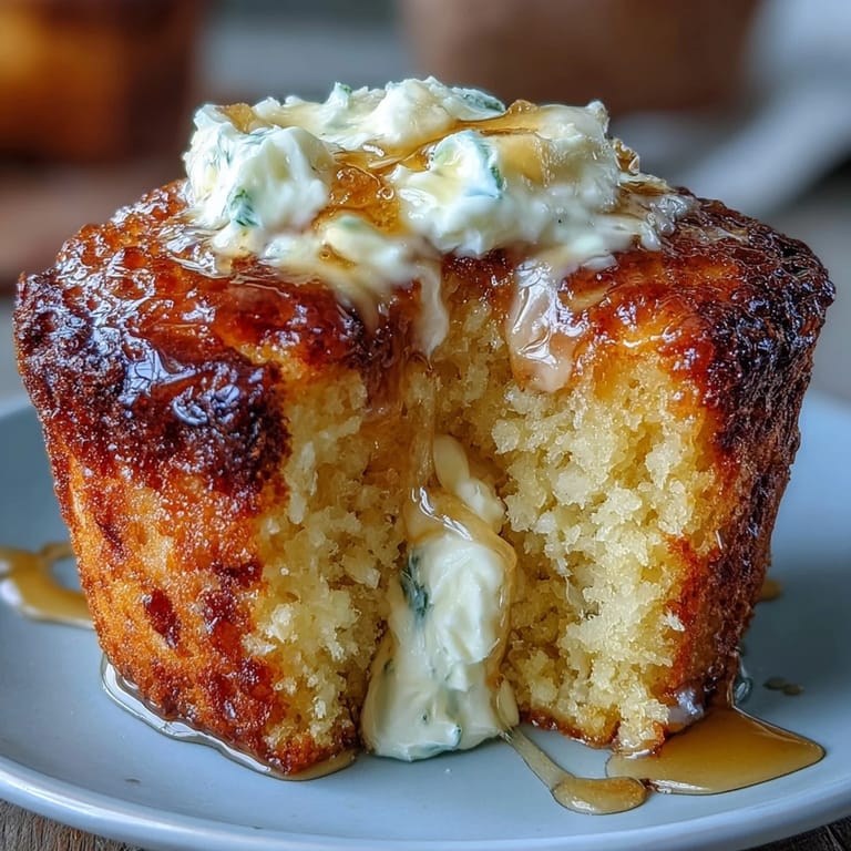 Deliciosos muffins de pan de maíz húmedos con un toque de dulzura, acompañados de mantequilla de miel batida.