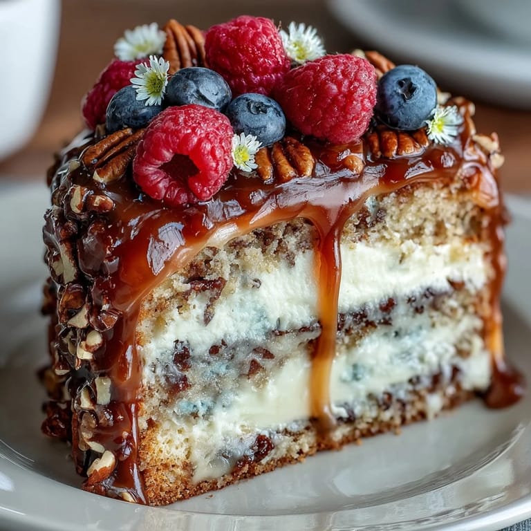 Pastel de hoja de cumpleaños de primavera con relleno de crema de limón, cubierto con bayas frescas y flores comestibles.  