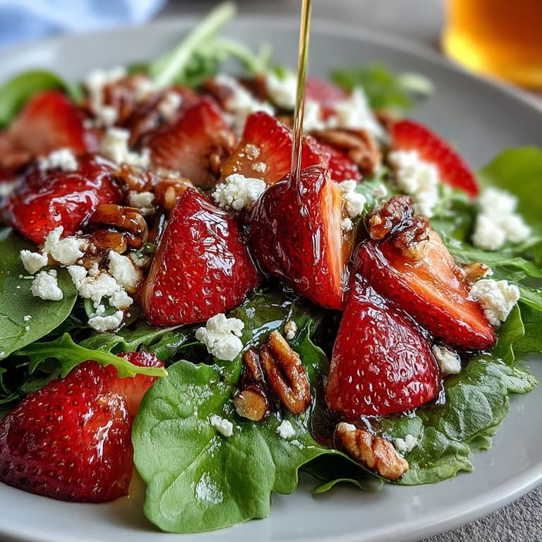 Ensalada primaveral con fresas, rúcula y glaseado balsámico, decorada con nueces tostadas y queso de cabra desmenuzado.
