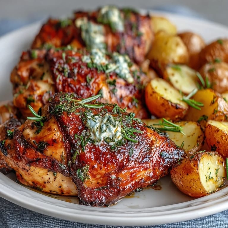Pollo entero marinado en limón, ajo y hierbas frescas, servido con papas baby asadas al romero.