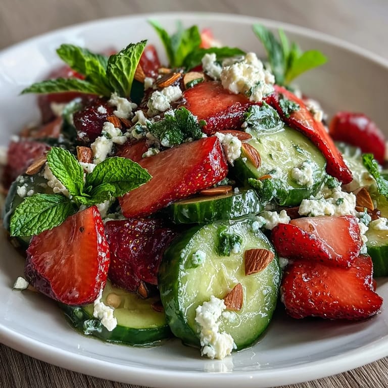 Ensalada primaveral con pepino, fresas y menta, un plato fresco y vibrante ideal como acompañamiento.