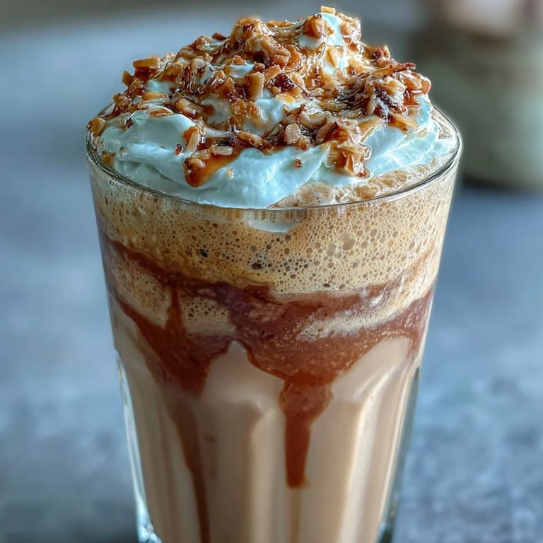 Iced Vanilla Bean Frappuccino con Toasted Coconut Foam: frappuccino helado y espumoso con vainilla en vaina y espuma de coco dorada y aromática.