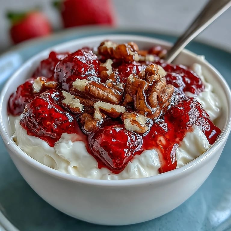 Compota de fresa brillante sobre yogur griego, decorada con miel y hojas de menta fresca.