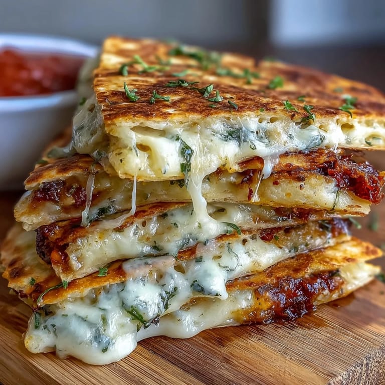 Triángulos crujientes de quesadillas rellenos de cheddar y vegetales, acompañados de salsa casera de tomate.