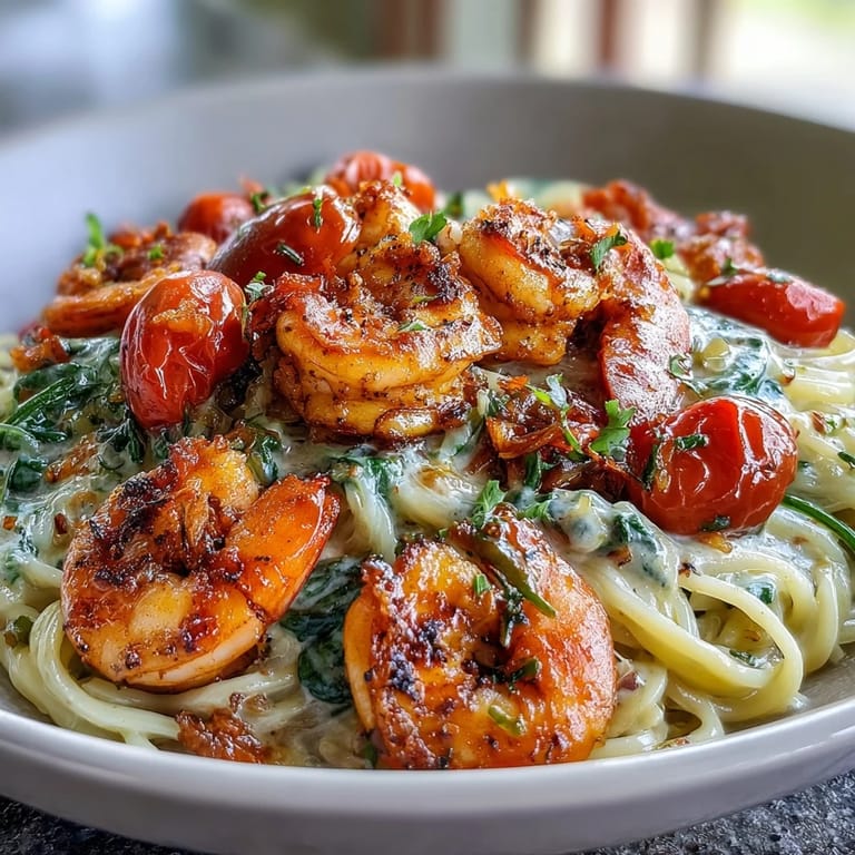Delicioso plato de camarones con angel hair, espárragos y tomates cherry, cocinados en una sartén con ajo y limón.