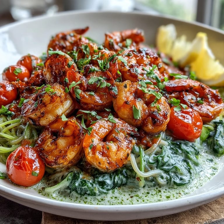 Camarones jugosos, angel hair, espárragos y tomates cherry en una sartén con ajo, limón y queso parmesano.