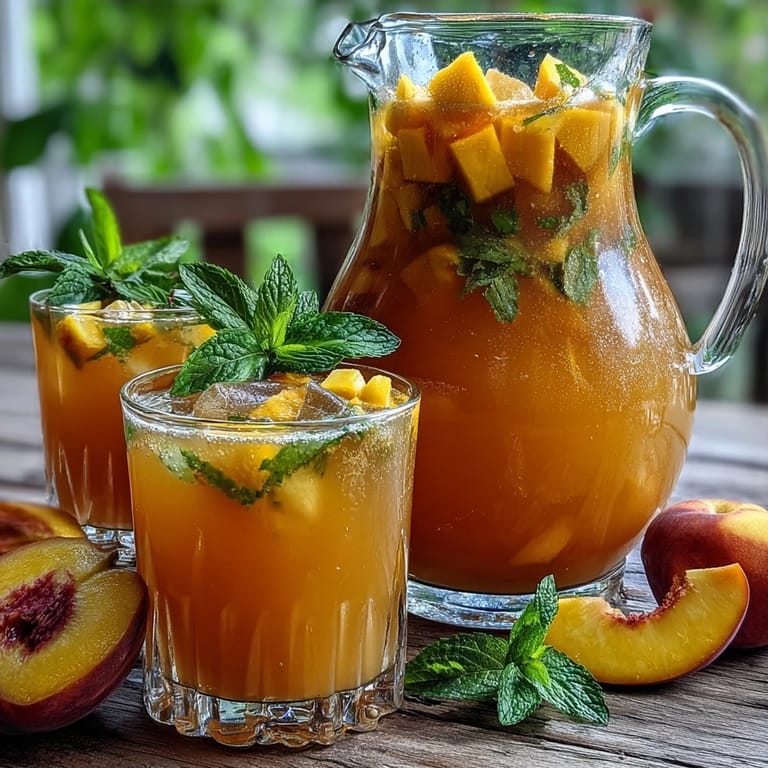 3. Vasos con hielo llenos de sangría sin alcohol de mango y durazno, decorada con hojas de menta y rodajas de cítricos.