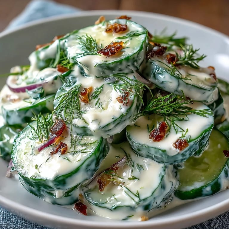 Ensalada cremosa de pepino con yogur griego y eneldo, un acompañamiento ligero y sabroso con pepinos crujientes y aliño suave.