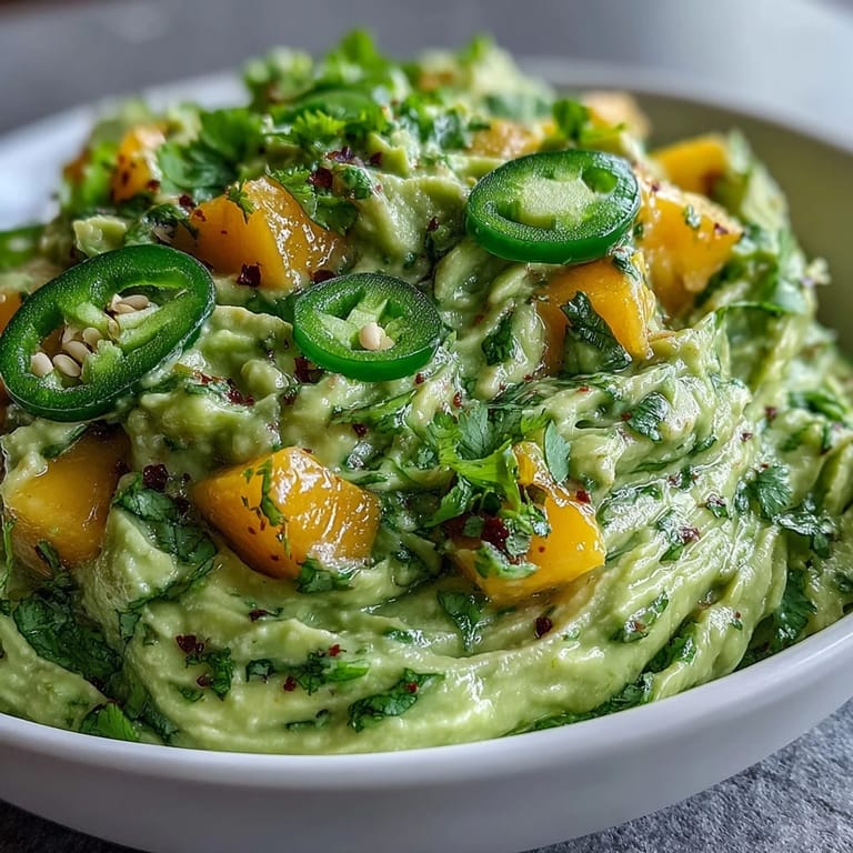 Guacamole vibrante de aguacate con mango dulce y jalapeño picante, ideal para fiestas.