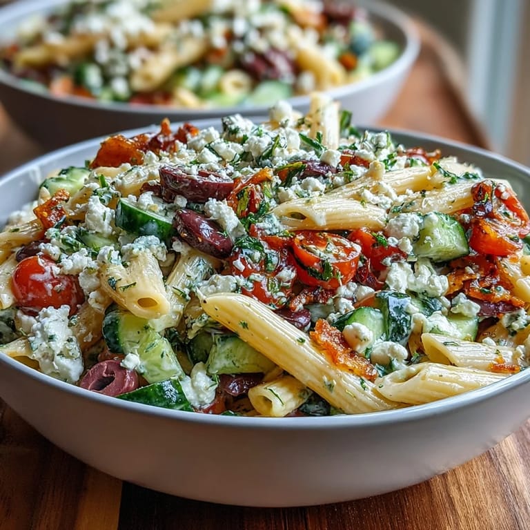 Plato de pasta fría griega con aceitunas Kalamata, queso feta desmenuzado y vegetales crujientes.  