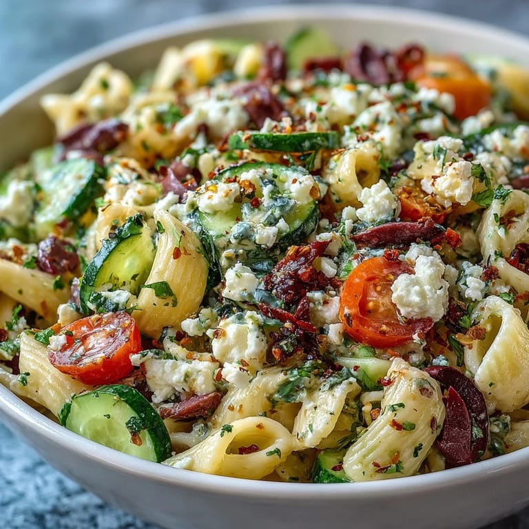 Deliciosa ensalada de pasta mediterránea con tomates cherry, pepino y un aderezo de aceite de oliva y orégano.