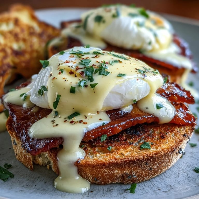 Huevos Benedict con salsa holandesa dorada, tocino canadiense y muffins ingleses dorados, perfectos para un desayuno elegante.