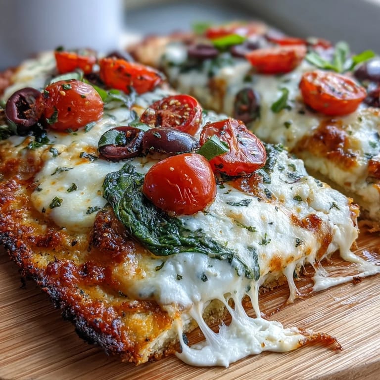 Pizza de pan plano de queso cottage con base proteica, salsa de tomate, queso derretido y toppings coloridos listos para servir.