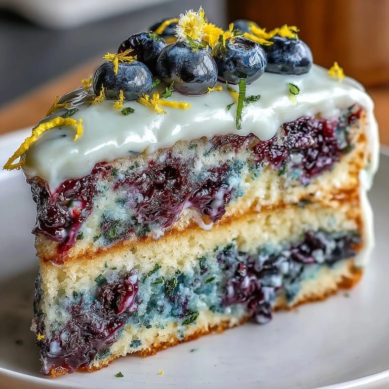 Pastel de capas primaveral con arándanos frescos, limón y glaseado cremoso de limón.