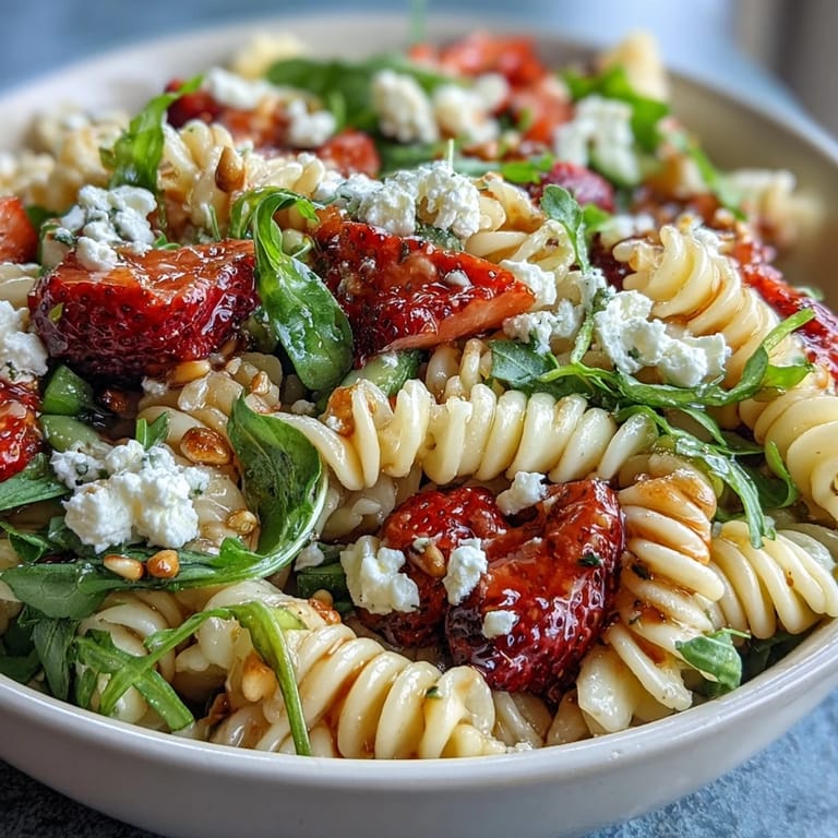 Ensalada de pasta de primavera con fresas, queso feta y rúcula, ideal para reuniones y almuerzos.