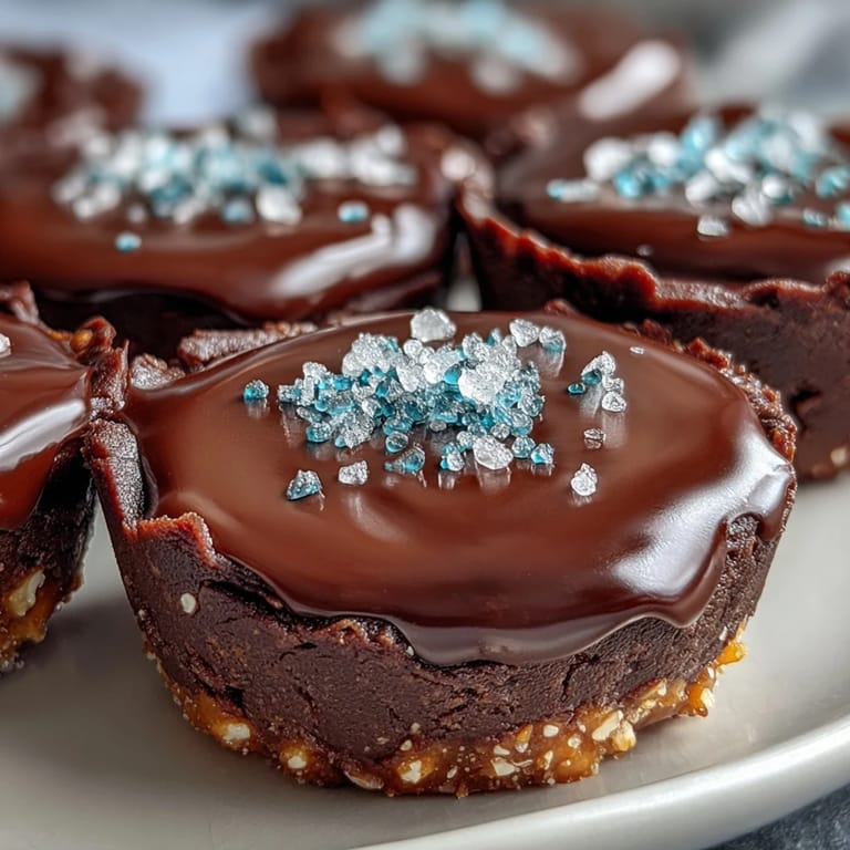 Tazas de chocolate con base de pretzel salado, relleno suave de mantequilla de maní y cobertura brillante, ideales para un postre rápido y delicioso.
