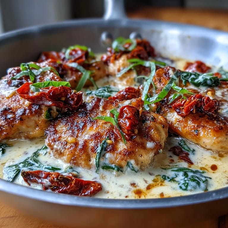 Plato de pollo dorado con salsa cremosa de tomates secos, espinacas y hierbas italianas.