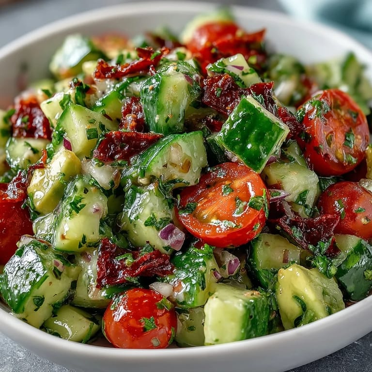 Ensalada ligera de pepino, tomate y aguacate con aderezo de limón brillante.