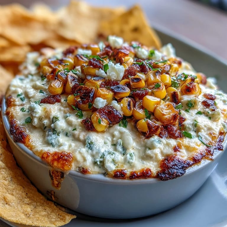 Dip de elote asado con mayonesa y crema agria, espolvoreado con chile en polvo y cilantro fresco, ideal para compartir.