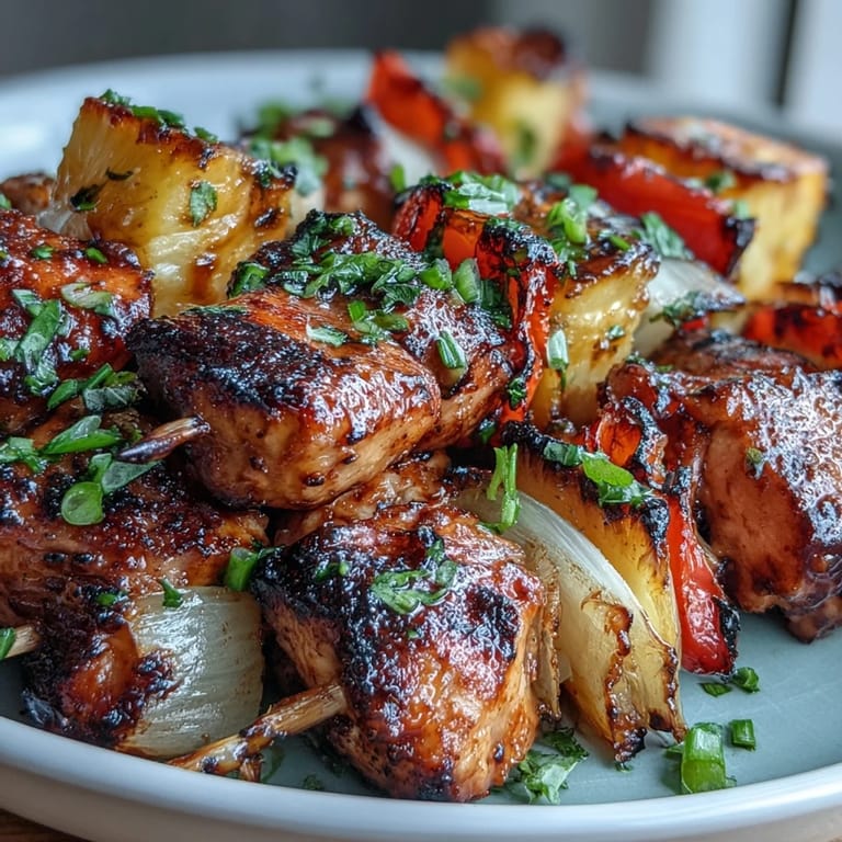 Brochetas de pollo con piña a la parrilla con pollo marinado, piña caramelizada y vegetales coloridos listas para servir.