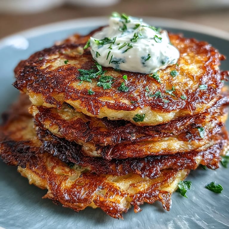 Crispy pan-fried potato pancakes glistening with oil, a hearty comfort food.